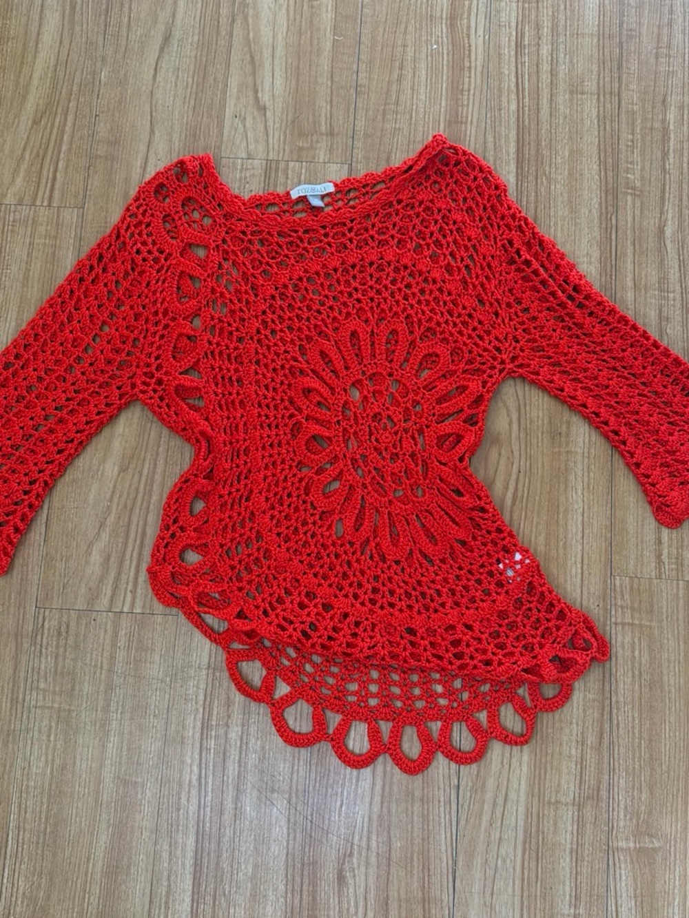 Roz & Ali Bright Red Crochet Open Knit Top